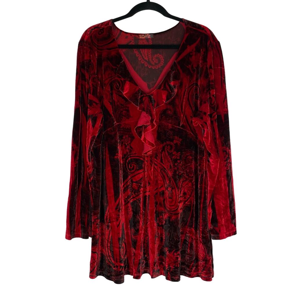 VTG DB Sport red velvet tunic blouse ruffled V-neck 1X romantic renaissance